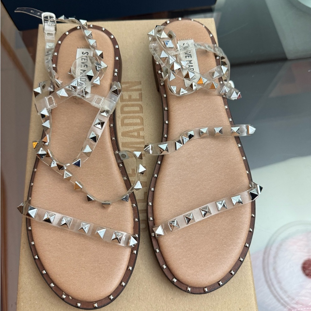 Steve Madden Clear and Tan Studded Sandals